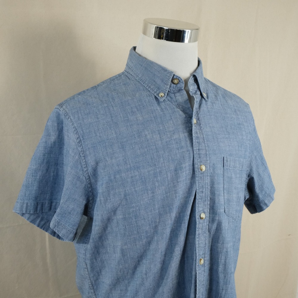 J.Crew Large Blue Chambray Button Down Shirt Flex Cotton Blenx Short Sleeve Mens